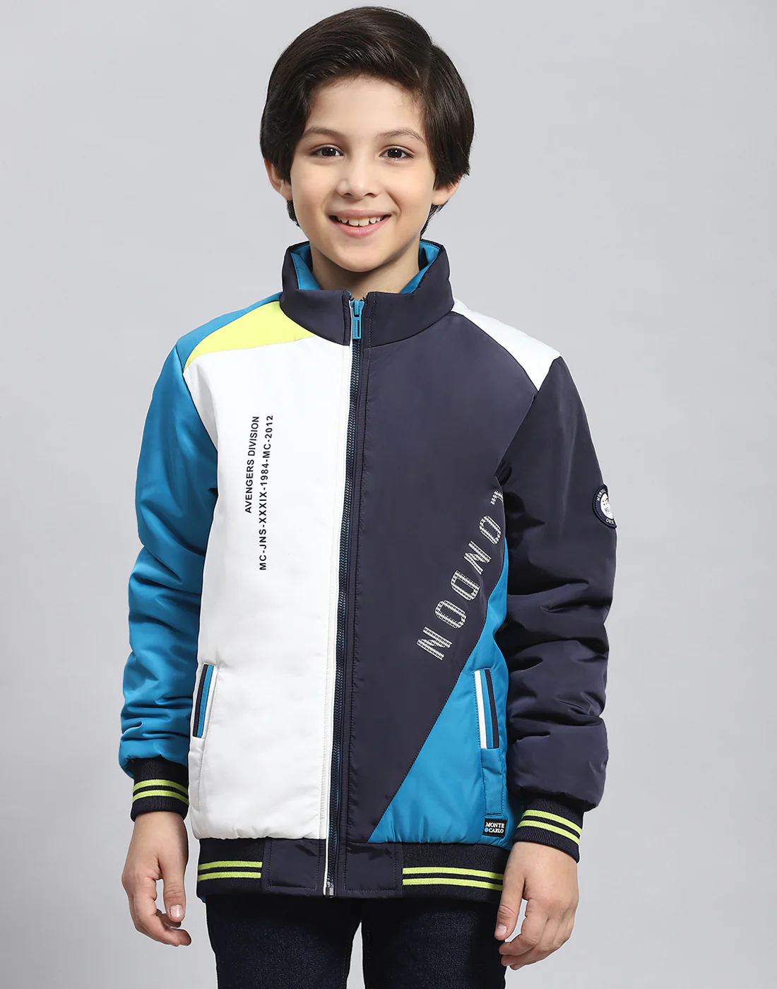 Boys Navy Blue Colourblocked Stand Collar Full Sleeve Boys Jacket - Image 2