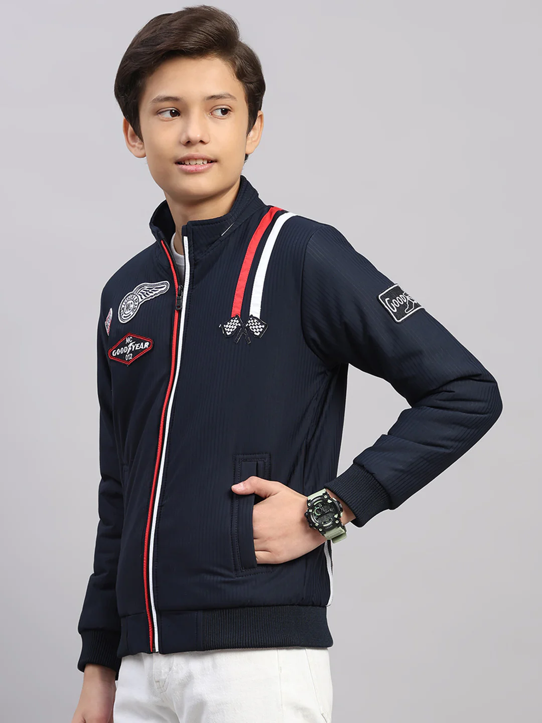Boys Navy Blue Embroidered Collar Full Sleeve Jacket - Image 3