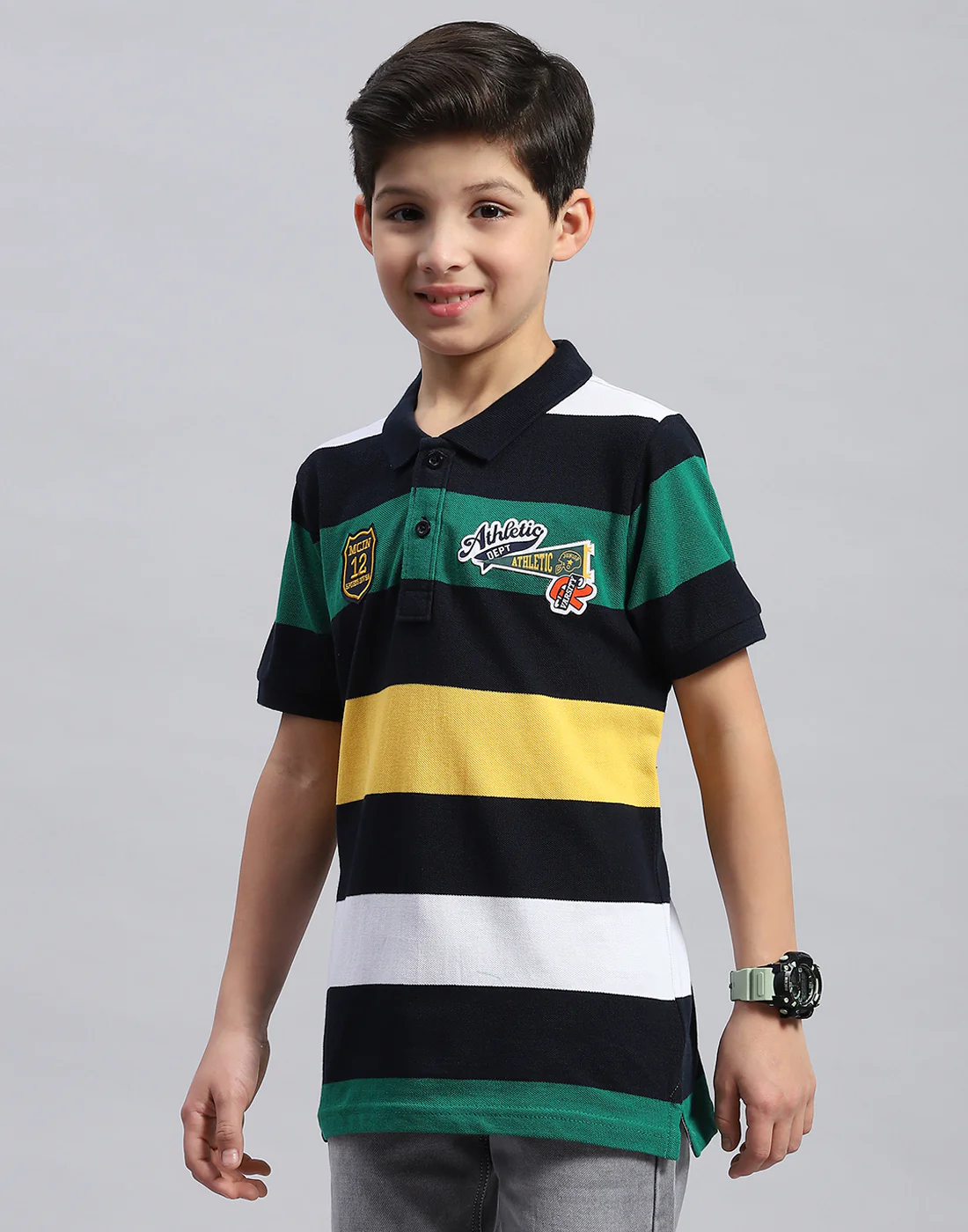 Boys Navy Blue & Green Printed Collar Half Sleeve T-Shirt - Image 3