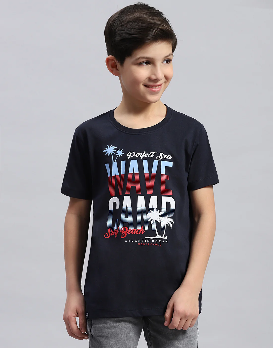 Boys Navy Blue & Green Printed Round Neck Half Sleeve T-Shirt - Image 3