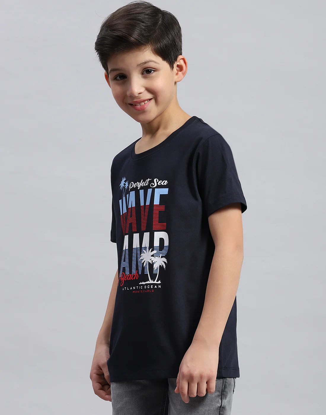 Boys Navy Blue & Green Printed Round Neck Half Sleeve T-Shirt - Image 4