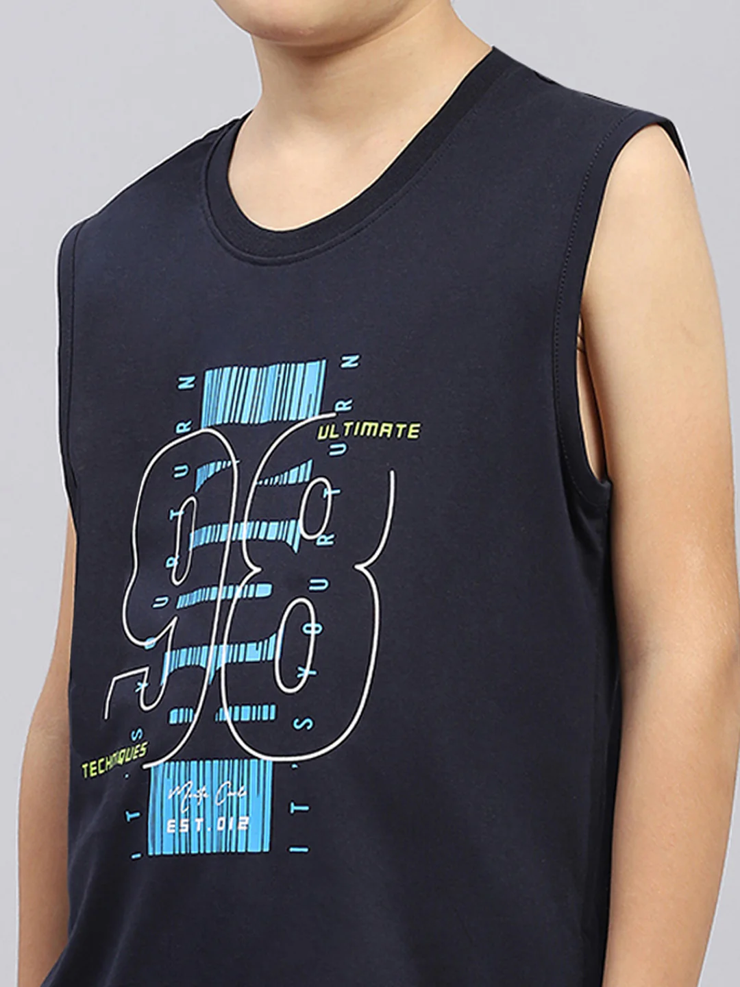 Boys Navy Blue & Green Printed Round Neck Sleeveless T-Shirt (Pack of 2) - Image 9
