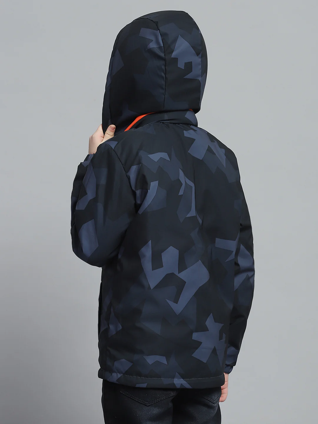 Boys Navy Blue & Orange Printed Hooded Full Sleeve Reversible Jacket - Image 5