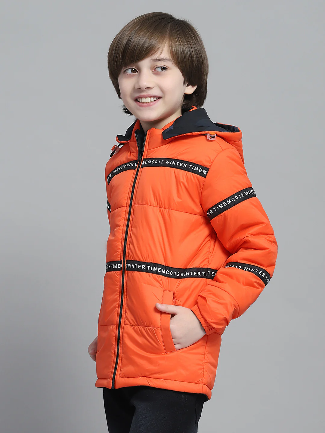 Boys Navy Blue & Orange Printed Hooded Full Sleeve Reversible Jacket - Image 6