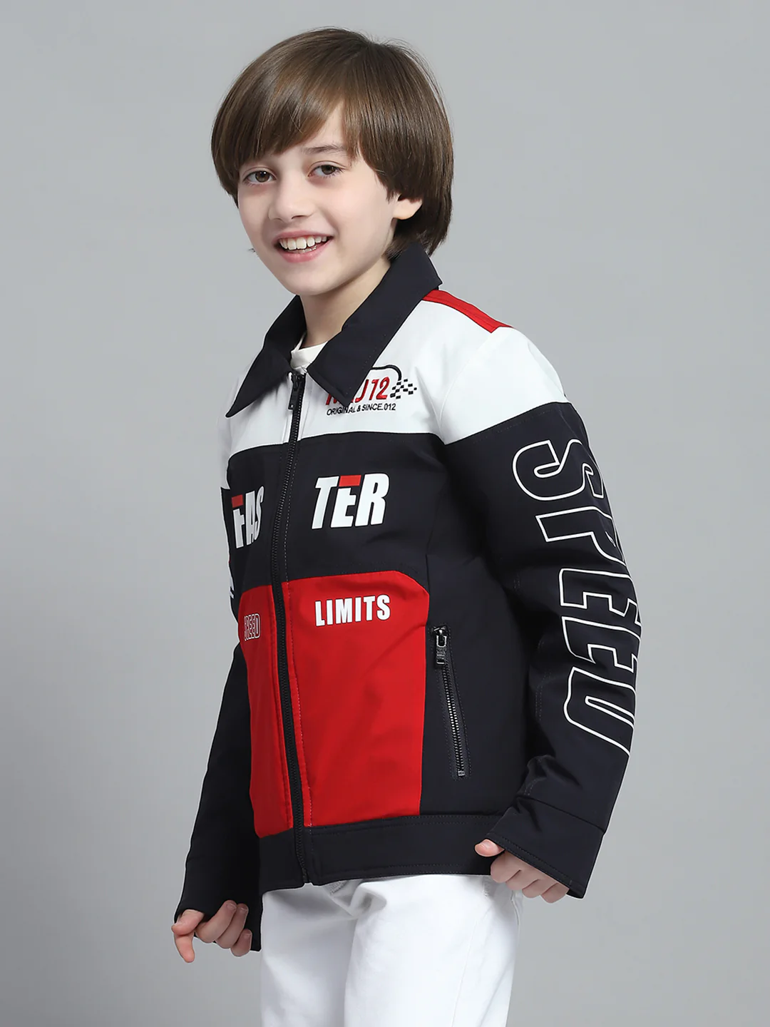Boys Navy Blue Printed Collar Full Sleeve Jacket - Image 3