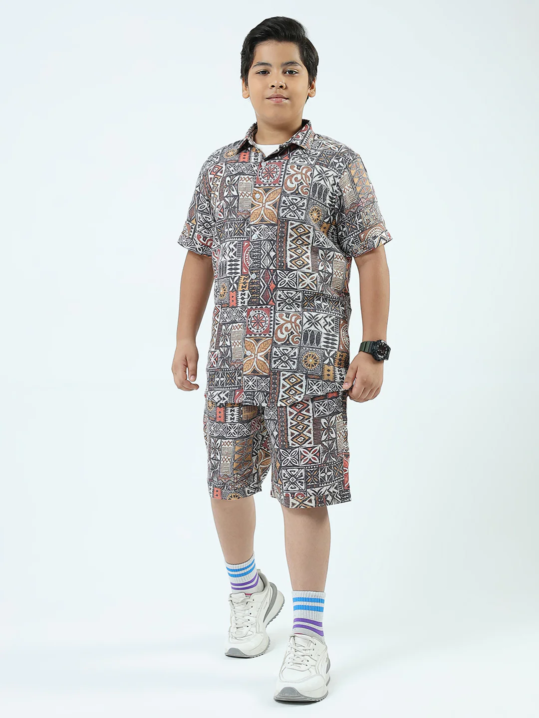 Boys Navy Blue Printed Collar Half Sleeve 3 Pcs Cords Set - Image 6