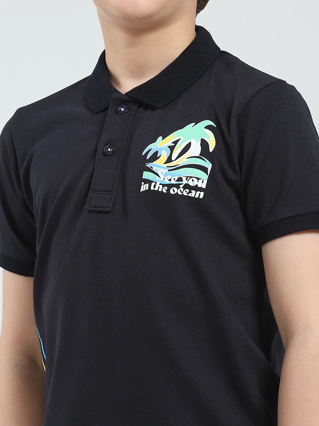 Boys Navy Blue Printed Collar Half Sleeve T-Shirt - Image 7