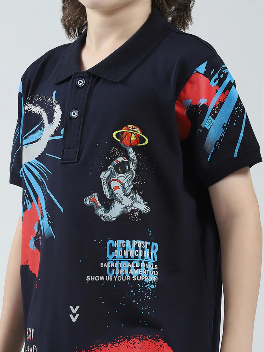 Boys Navy Blue Printed Collar Half Sleeve T-Shirt - Image 6