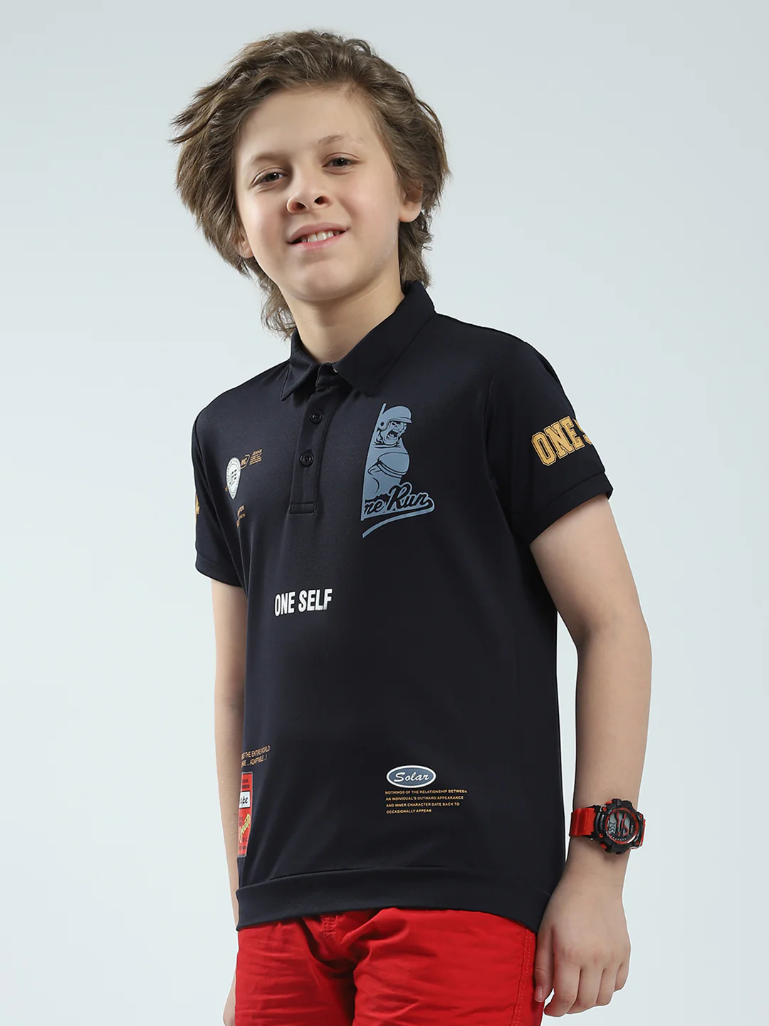 Boys Navy Blue Printed Collar Half Sleeve T-Shirt - Image 3