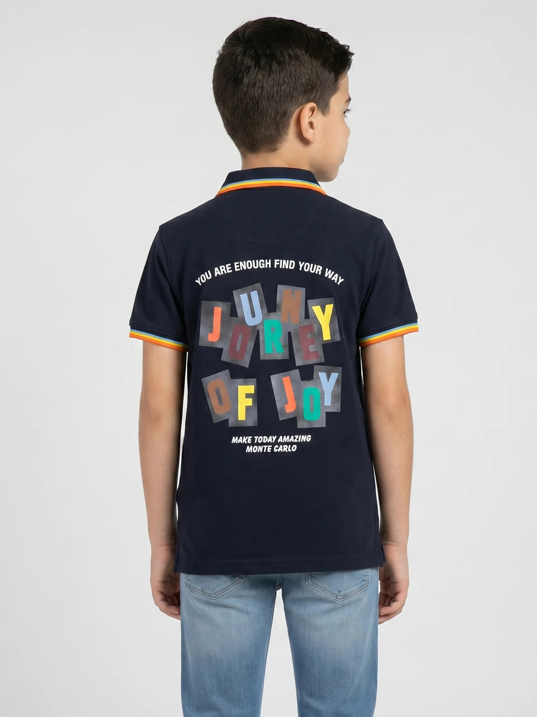 Boys Navy Blue Printed Collar Half Sleeve T-Shirt - Image 3