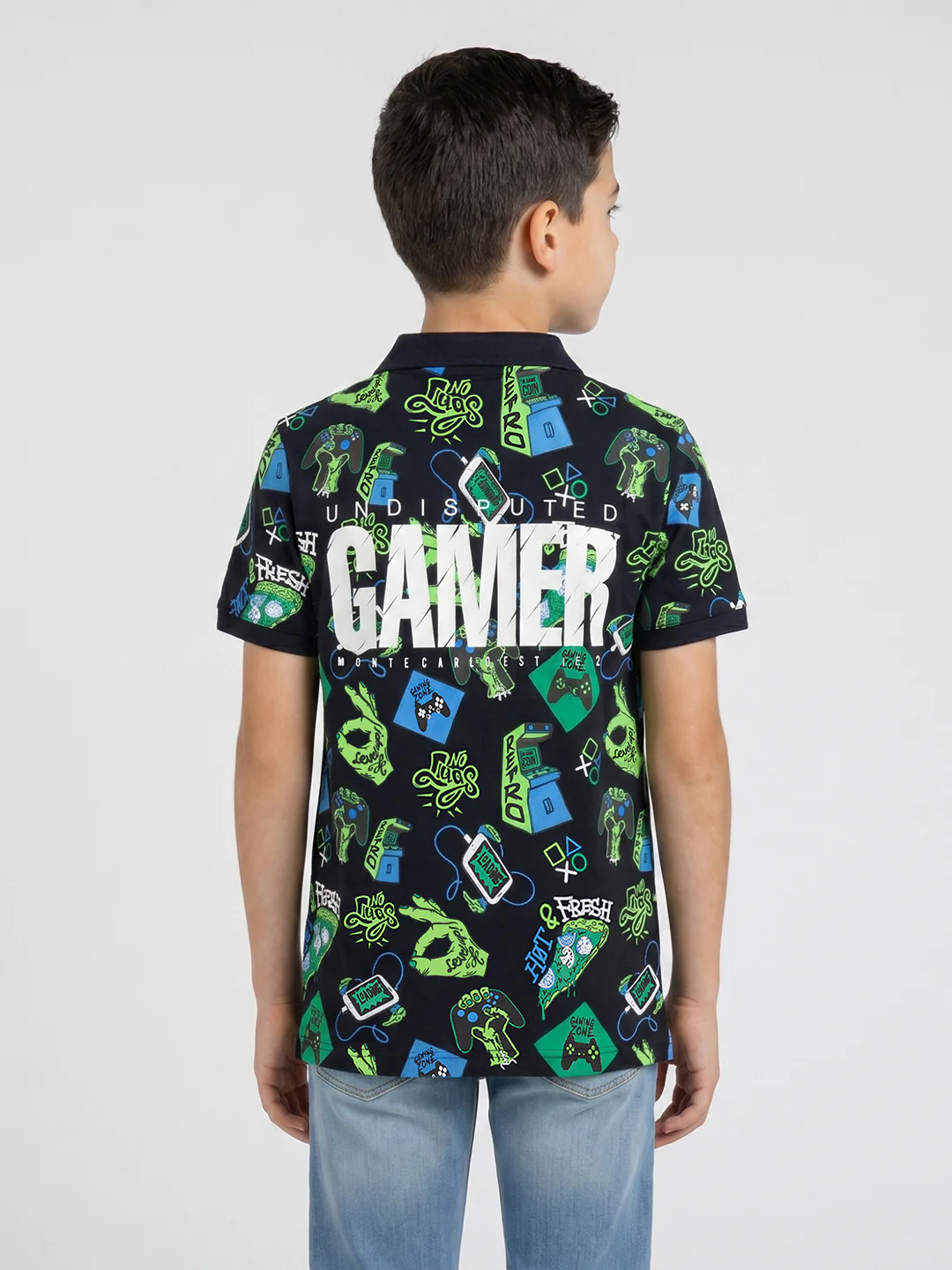 Boys Navy Blue Printed Collar Half Sleeve T-Shirt - Image 4
