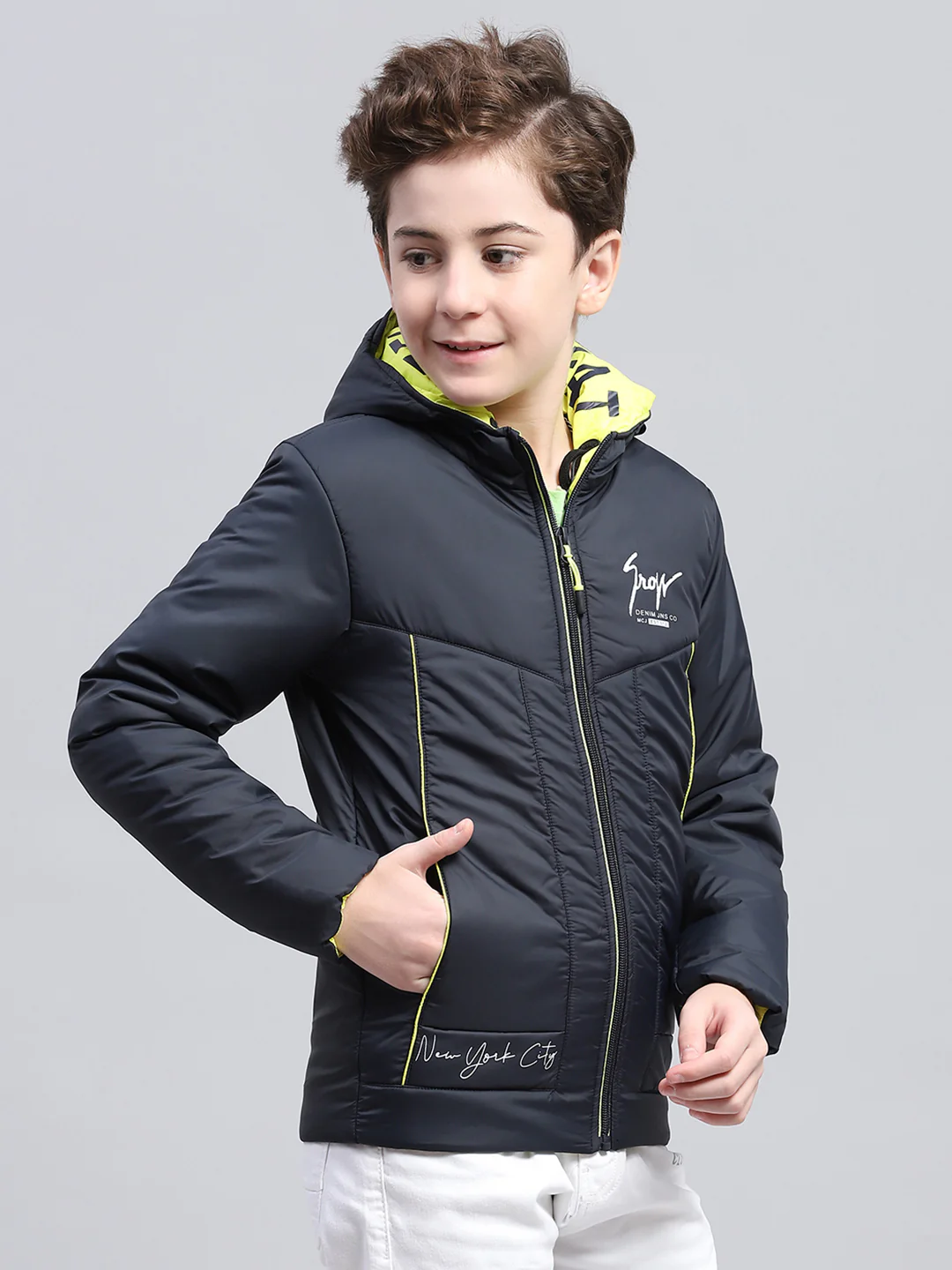 Boys Navy Blue Printed Hooded Full Sleeve Jacket - Image 4