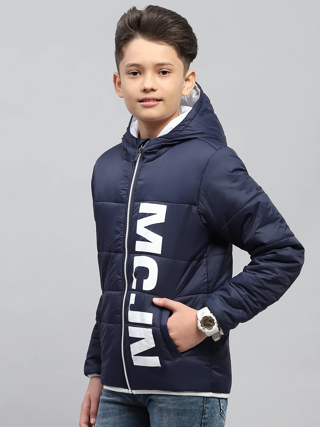 Boys Navy Blue Printed Hooded Full Sleeve Jacket - Image 3