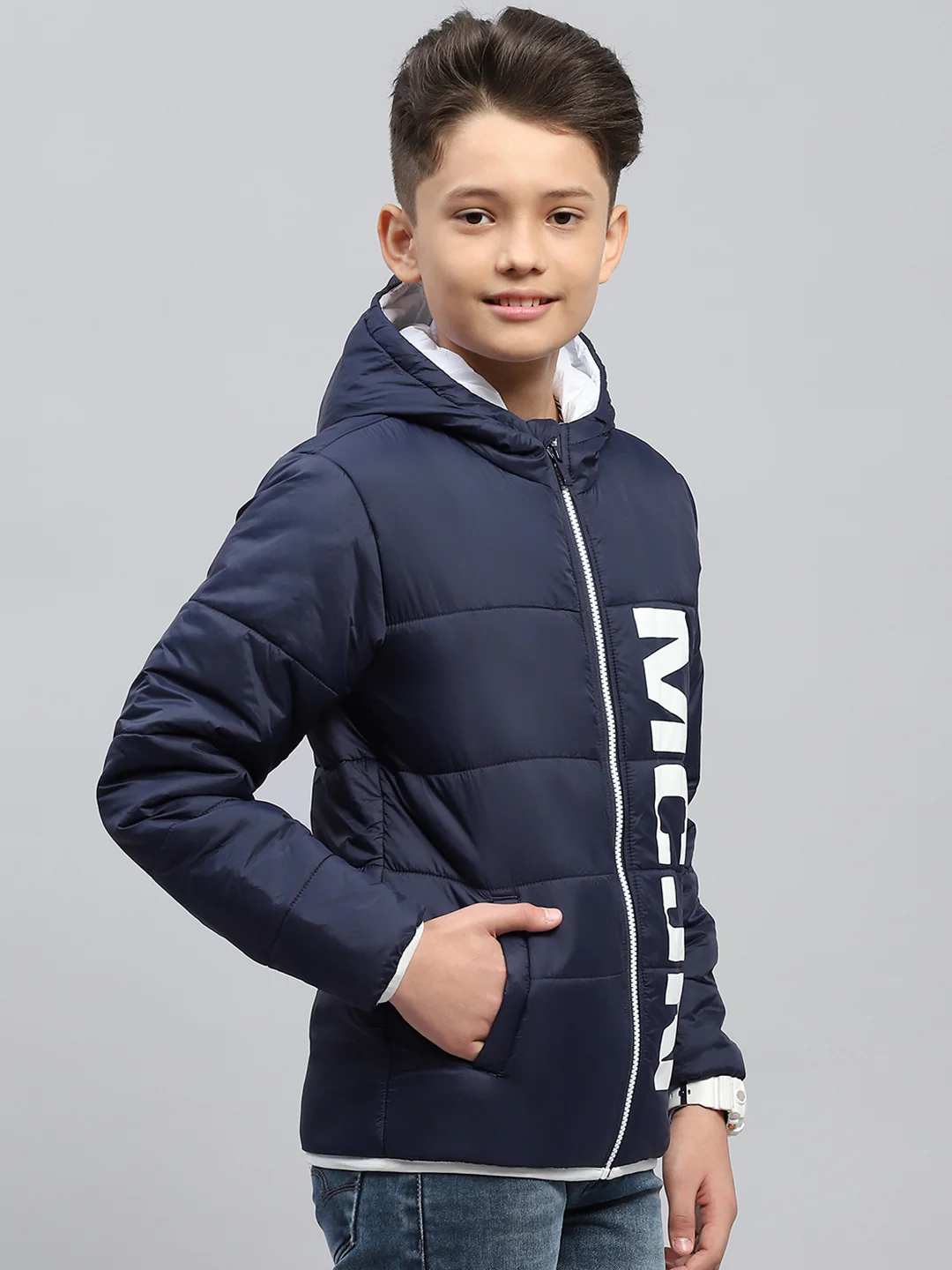 Boys Navy Blue Printed Hooded Full Sleeve Jacket - Image 4