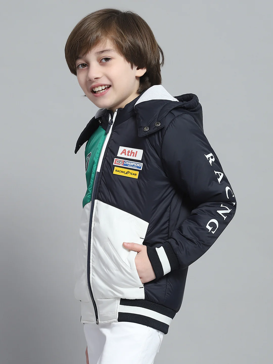 Boys Navy Blue Printed Hooded Full Sleeve Jacket - Image 3