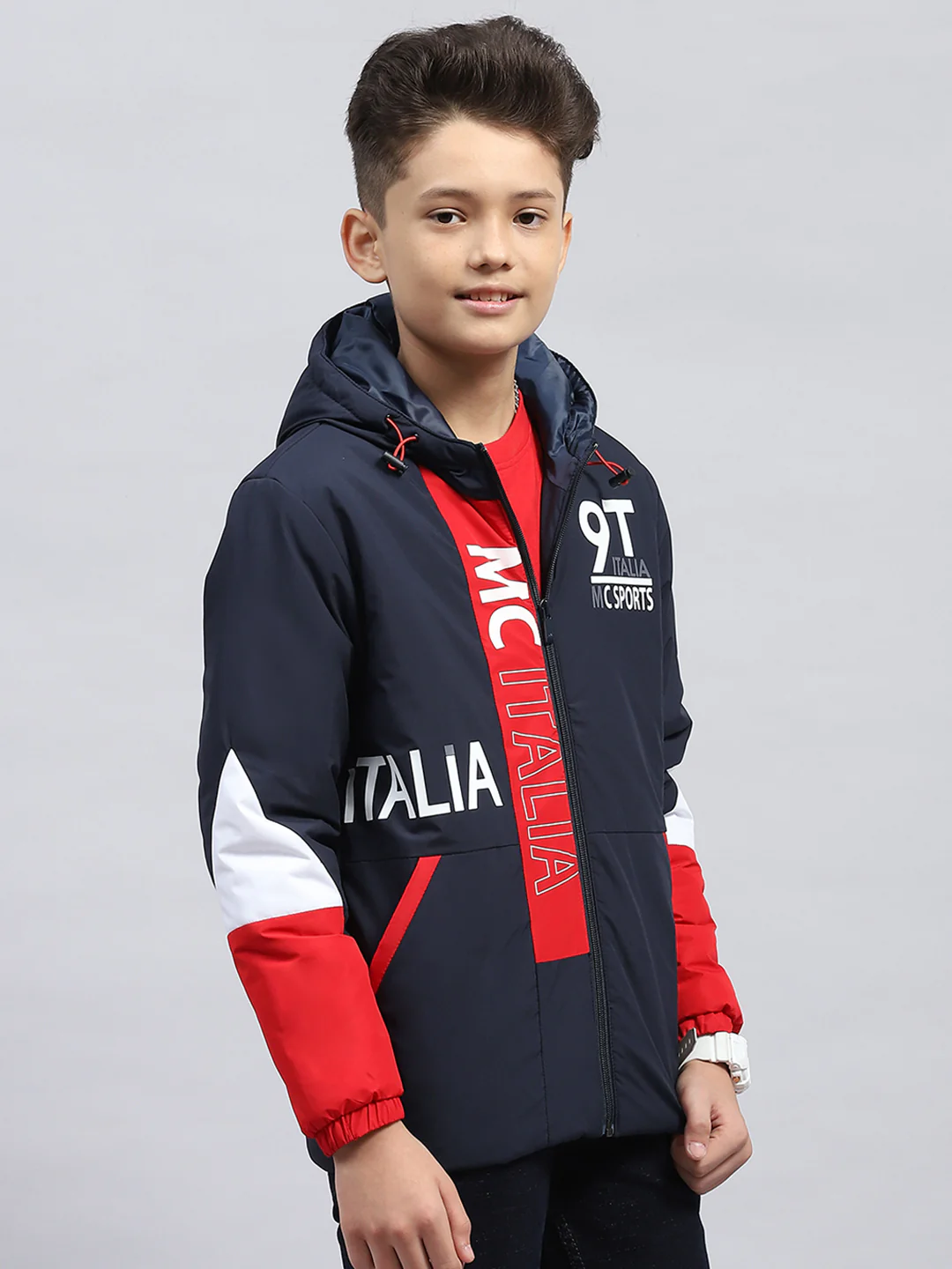 Boys Navy Blue Printed Hooded Full Sleeve Jacket - Image 4