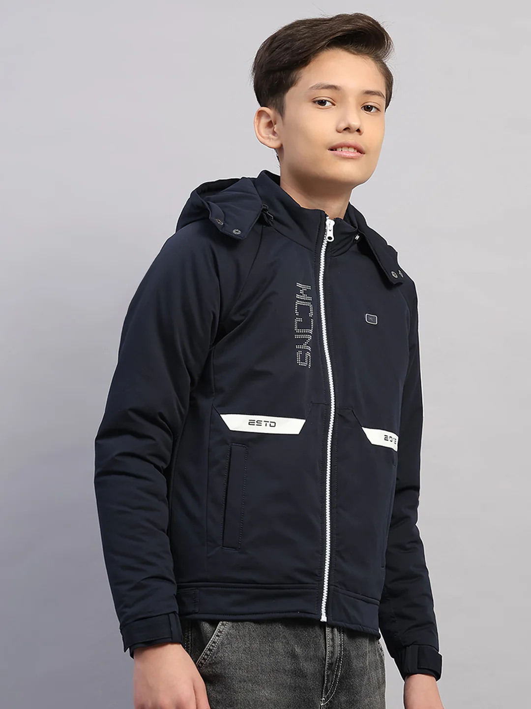 Boys Navy Blue Printed Hooded Full Sleeve Jacket - Image 4