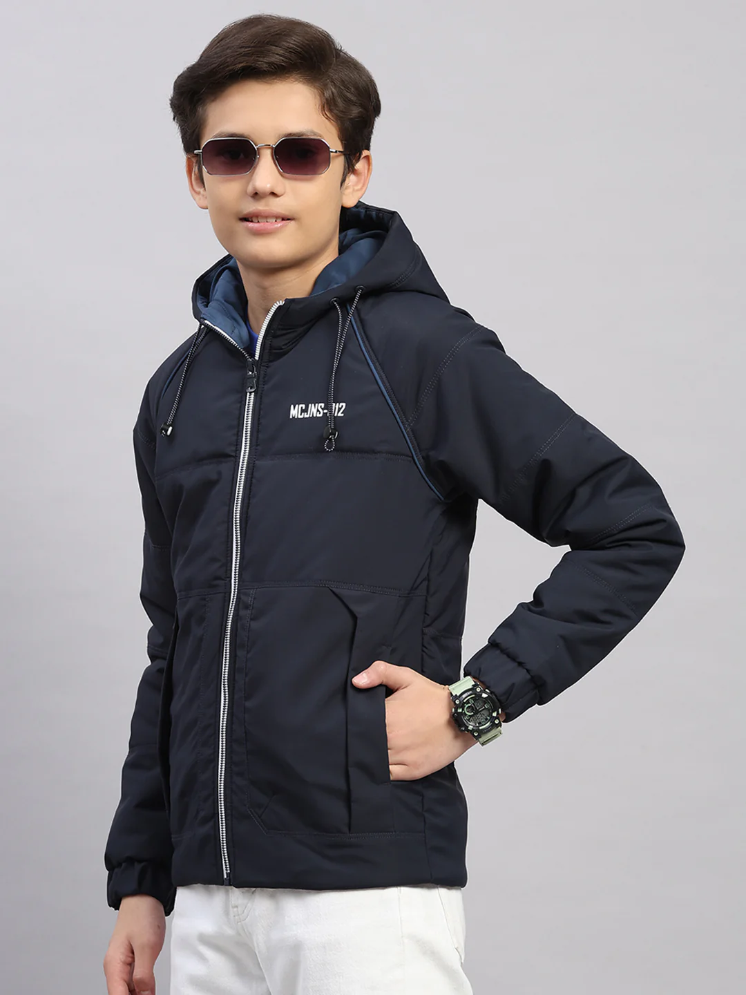 Boys Navy Blue Printed Hooded Full Sleeve Jacket - Image 3