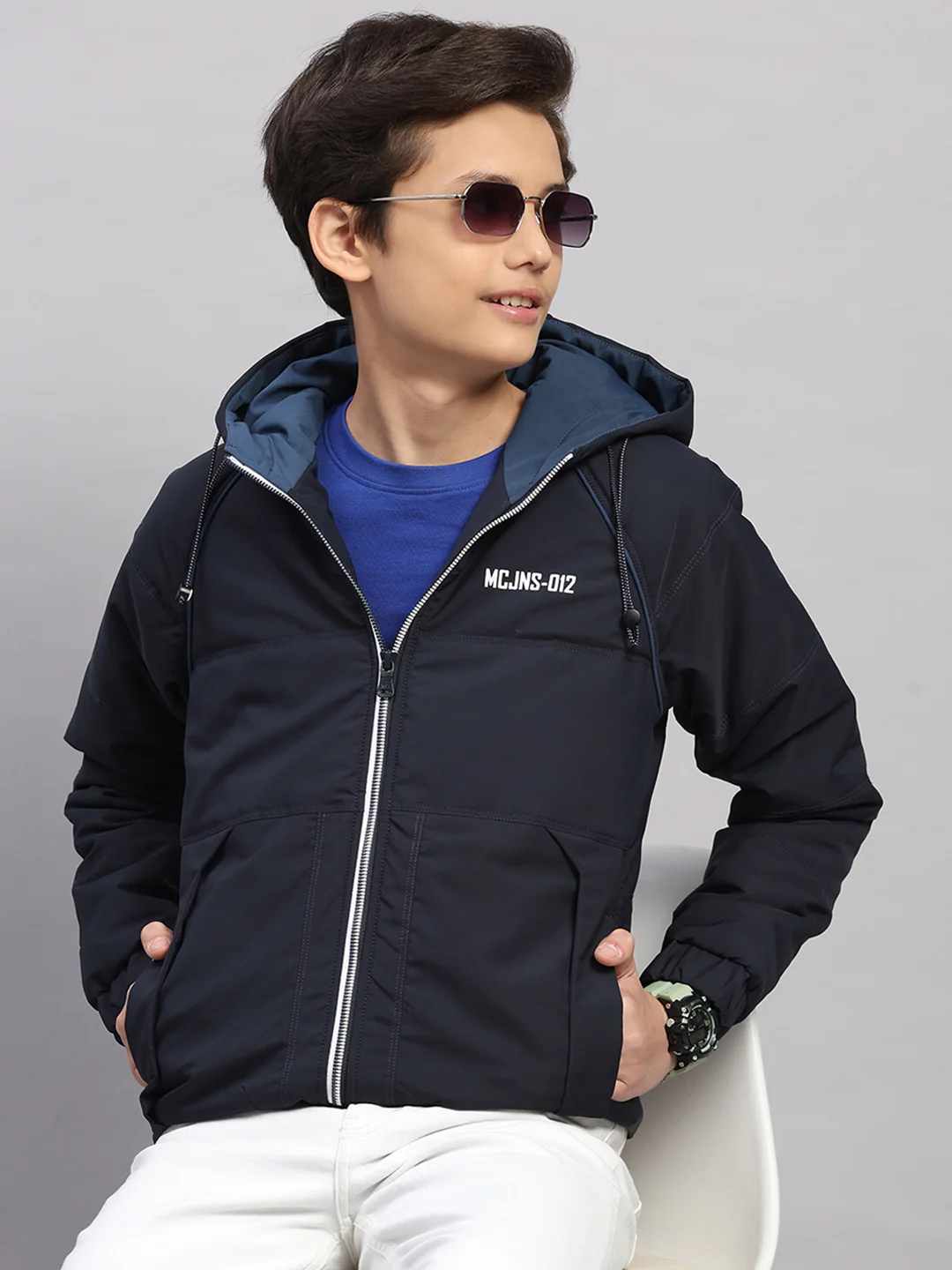 Boys Navy Blue Printed Hooded Full Sleeve Jacket - Image 6