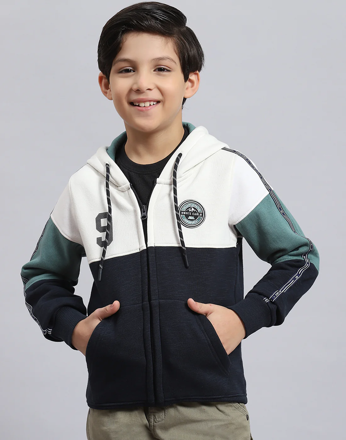 Boys Navy Blue Printed Hooded Full Sleeve Sweatshirt - Image 3