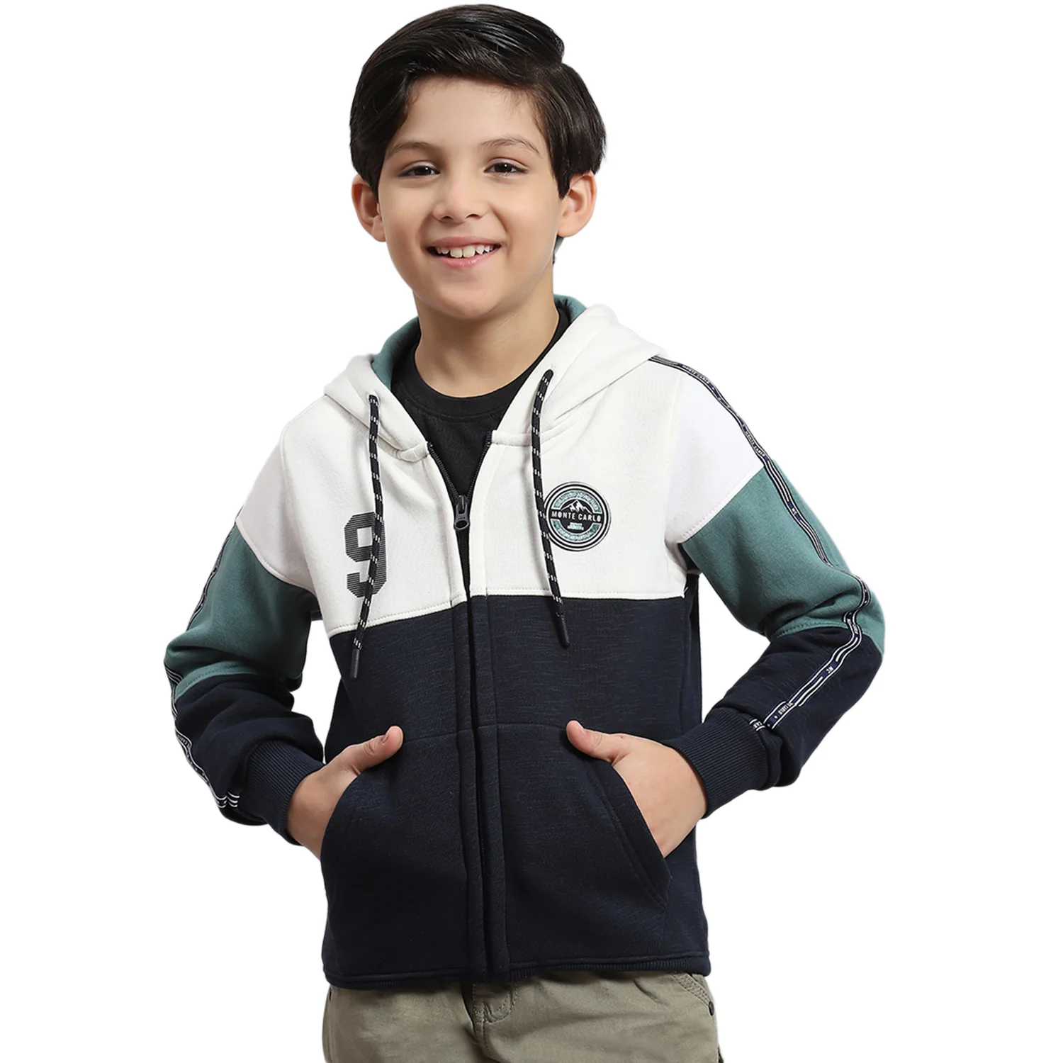 Boys Navy Blue Printed Hooded Full Sleeve Sweatshirt - Image 5