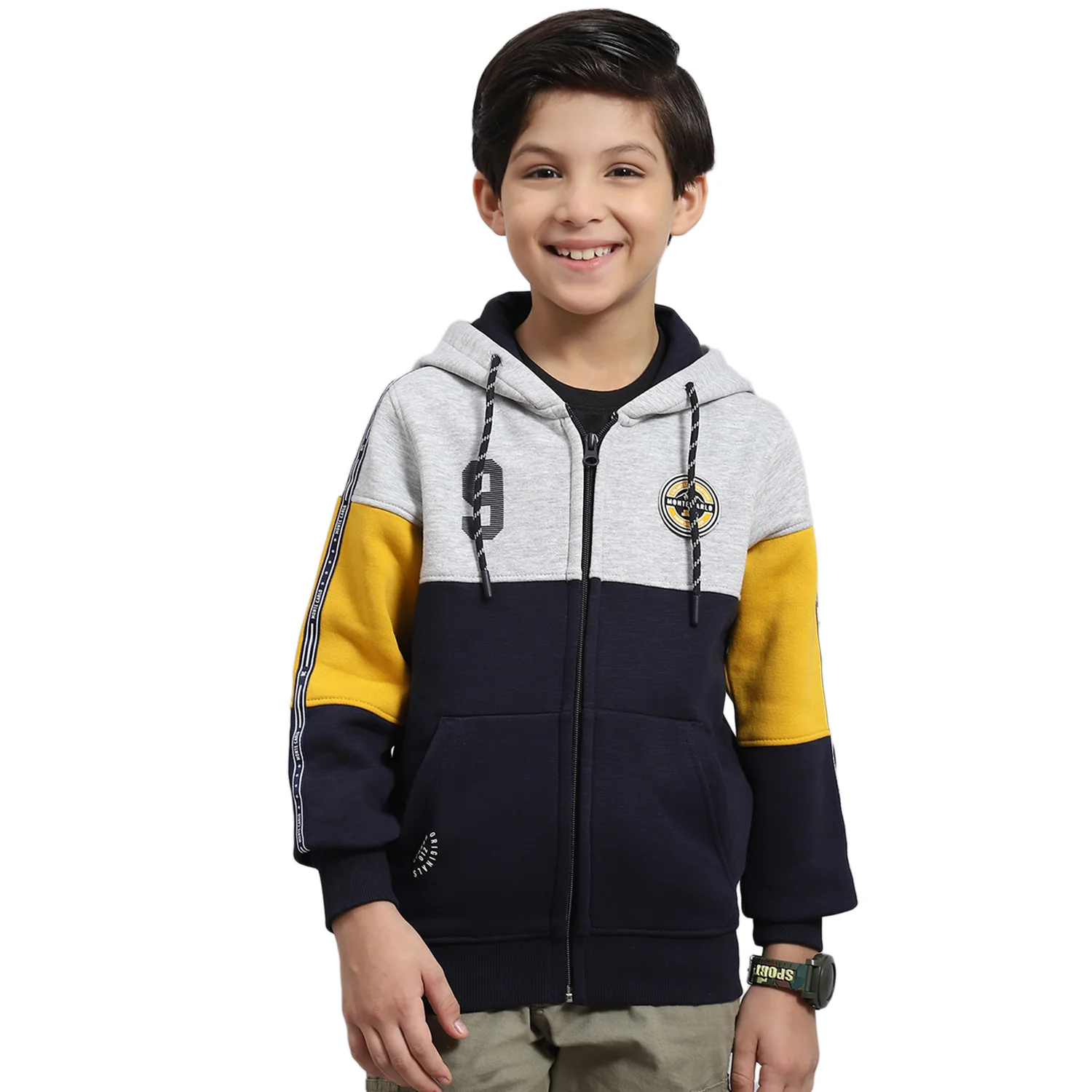 Boys Navy Blue Printed Hooded Full Sleeve Sweatshirt - Image 5