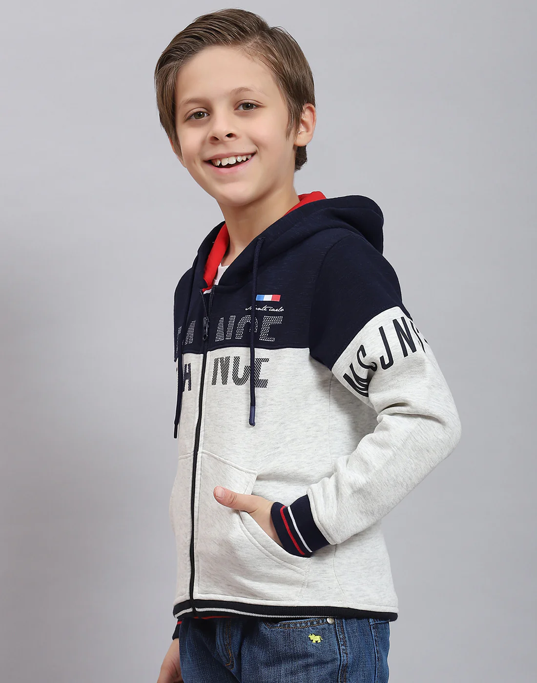 Boys Navy Blue Printed Hooded Full Sleeve Sweatshirt - Image 3