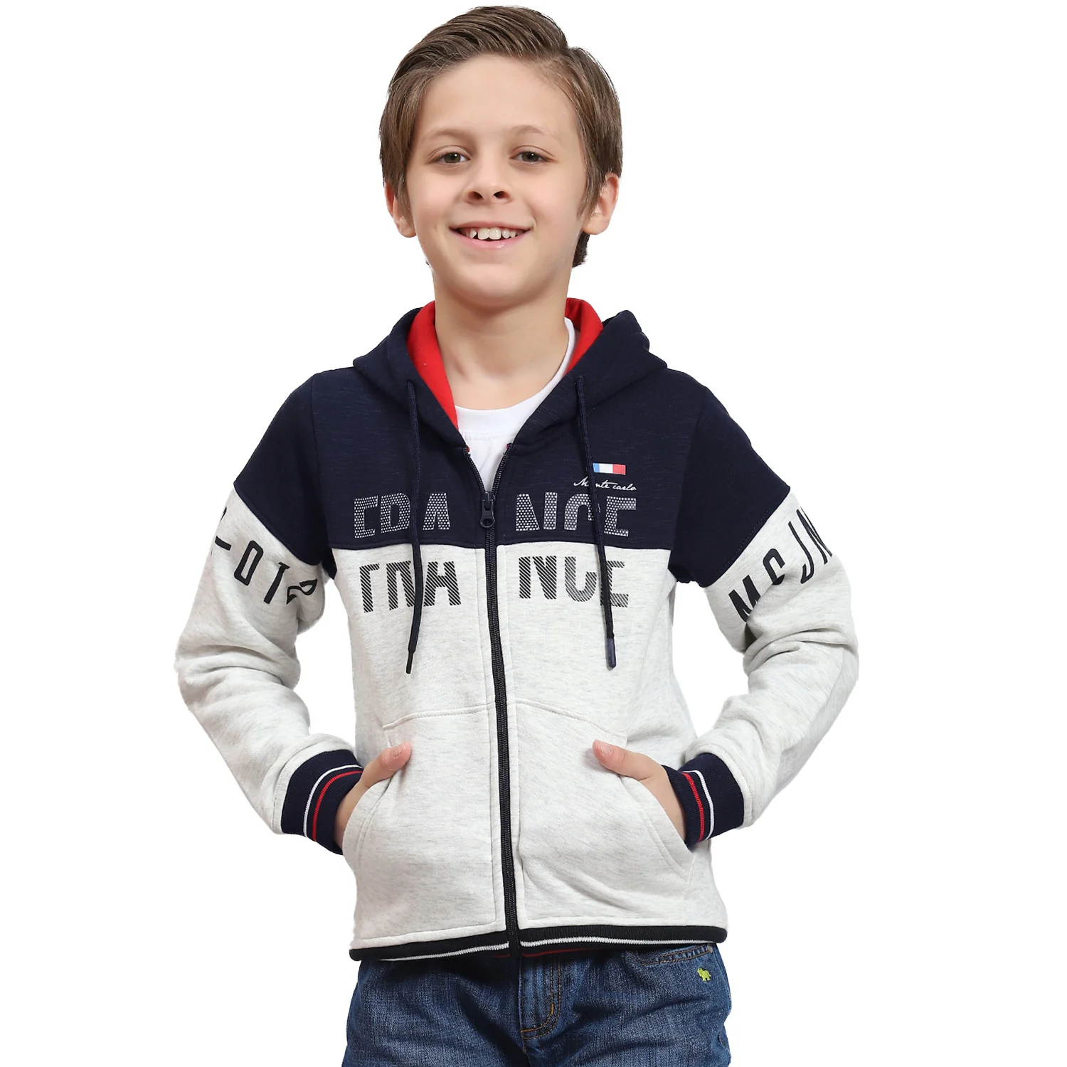 Boys Navy Blue Printed Hooded Full Sleeve Sweatshirt - Image 5