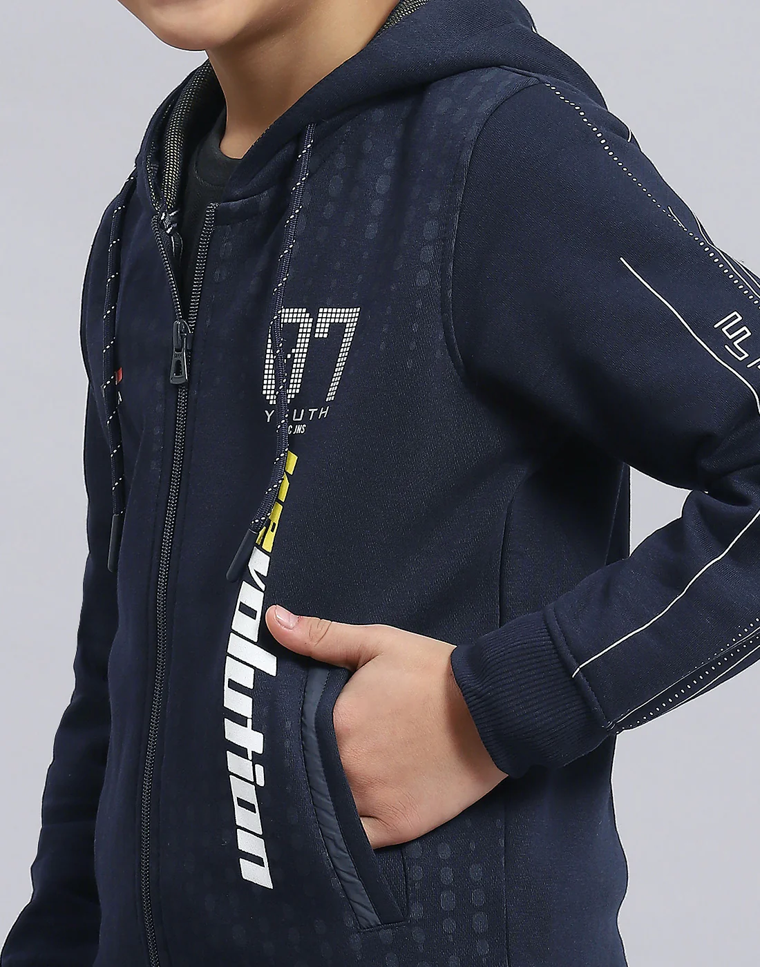 Boys Navy Blue Printed Hooded Full Sleeve Sweatshirt - Image 6