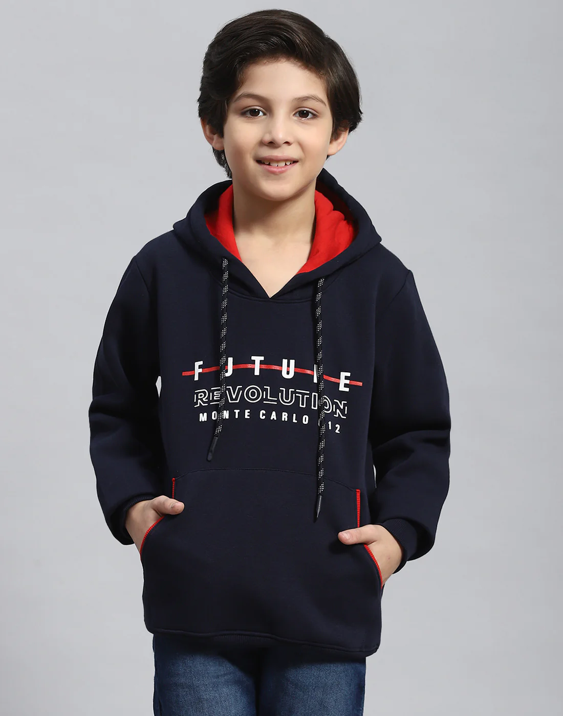 Boys Navy Blue Printed Hooded Full Sleeve Sweatshirt - Image 2