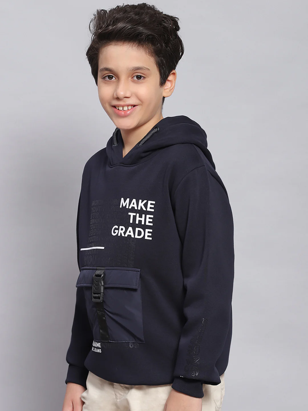 Boys Navy Blue Printed Hooded Full Sleeve Sweatshirt - Image 3