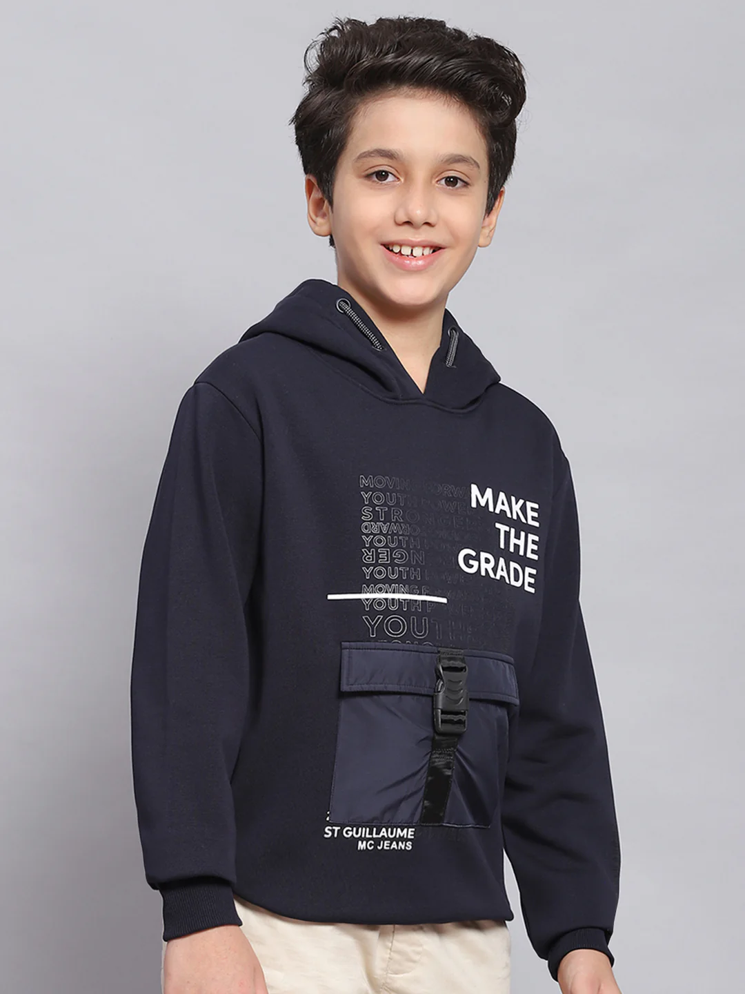 Boys Navy Blue Printed Hooded Full Sleeve Sweatshirt - Image 4