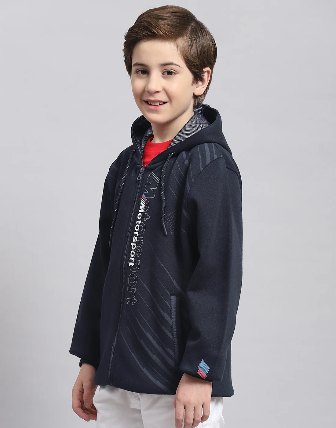 Boys Navy Blue Printed Hooded Full Sleeve Sweatshirt - Image 3