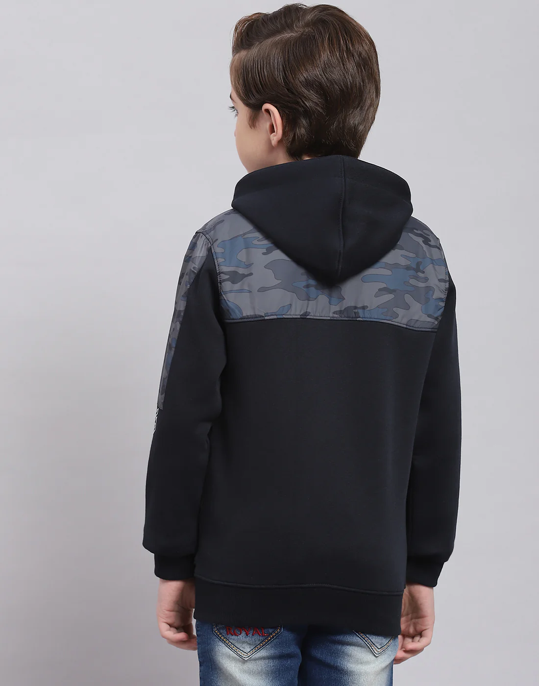 Boys Navy Blue Printed Hooded Full Sleeve Sweatshirt - Image 6