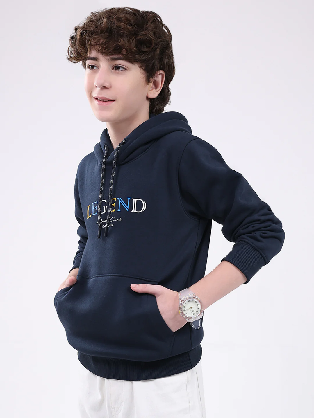 Boys Navy Blue Printed Hooded Full Sleeve Sweatshirt - Image 3