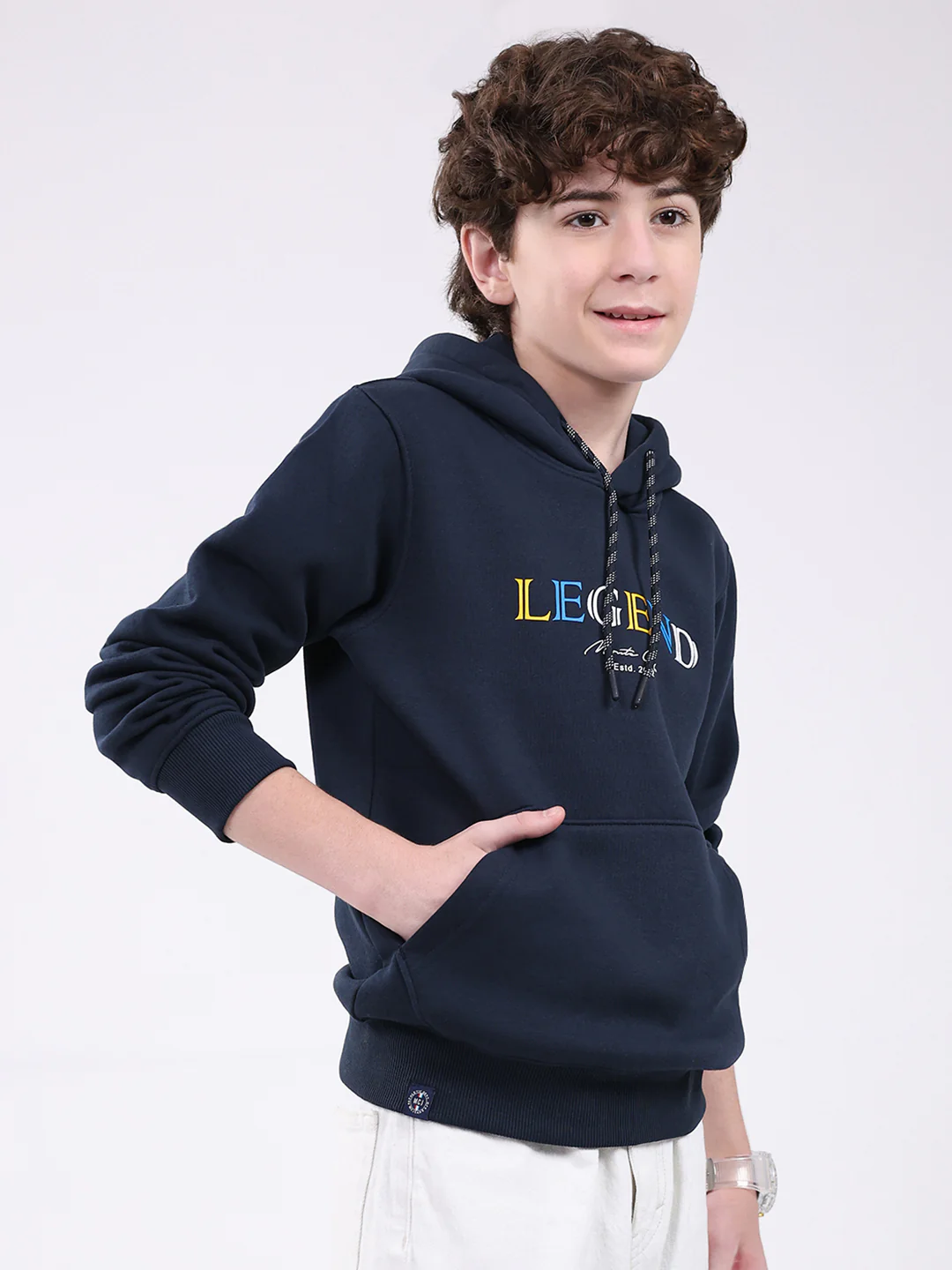 Boys Navy Blue Printed Hooded Full Sleeve Sweatshirt - Image 4