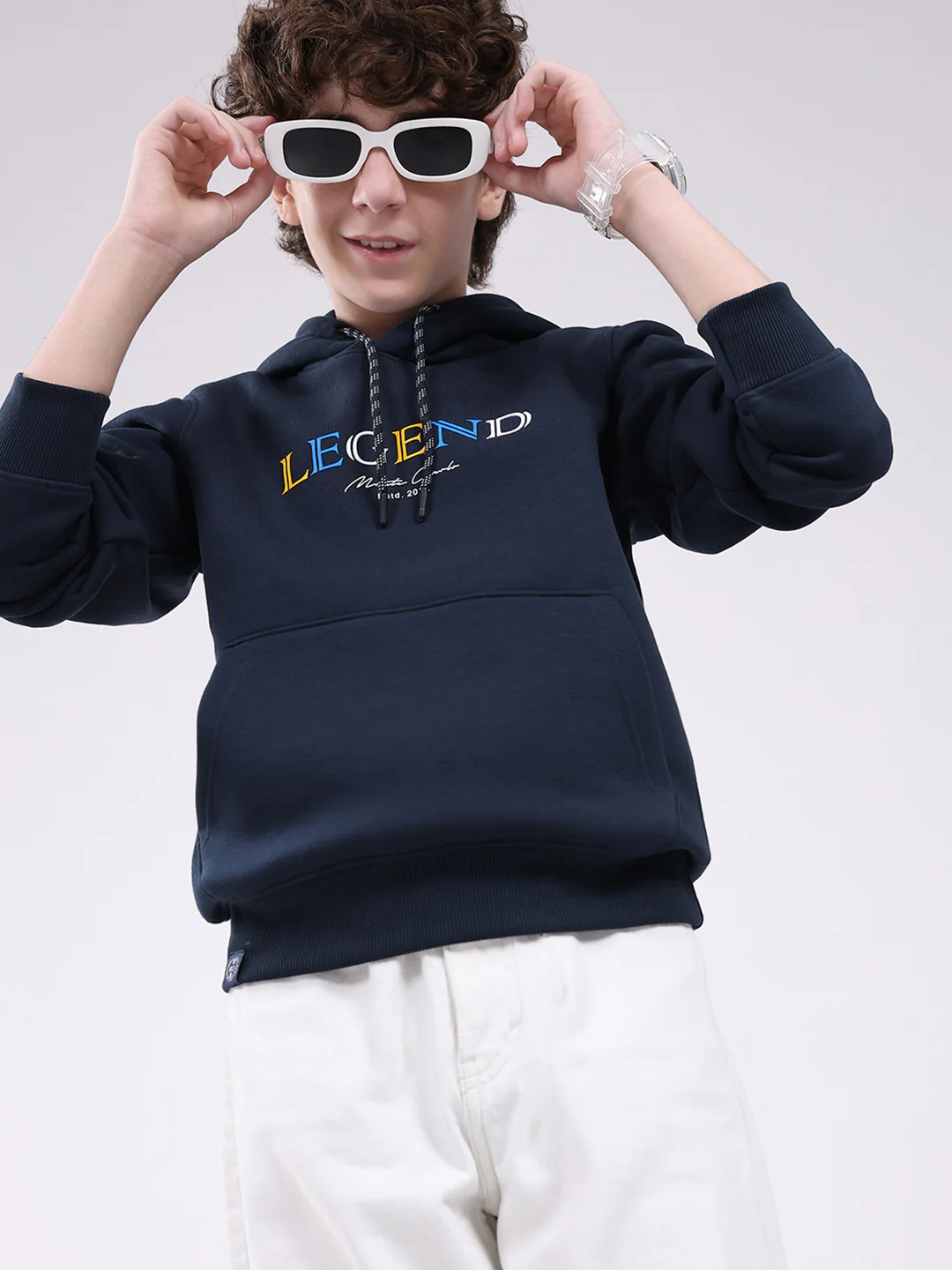 Boys Navy Blue Printed Hooded Full Sleeve Sweatshirt - Image 7