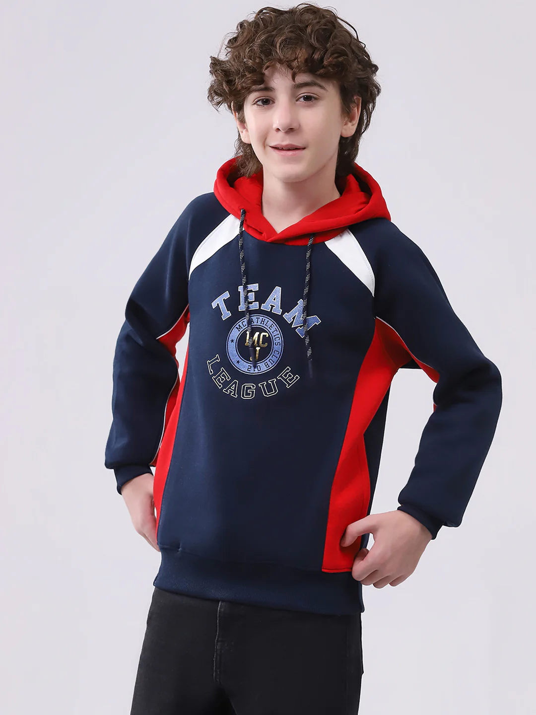 Boys Navy Blue Printed Hooded Full Sleeve Sweatshirt - Image 3
