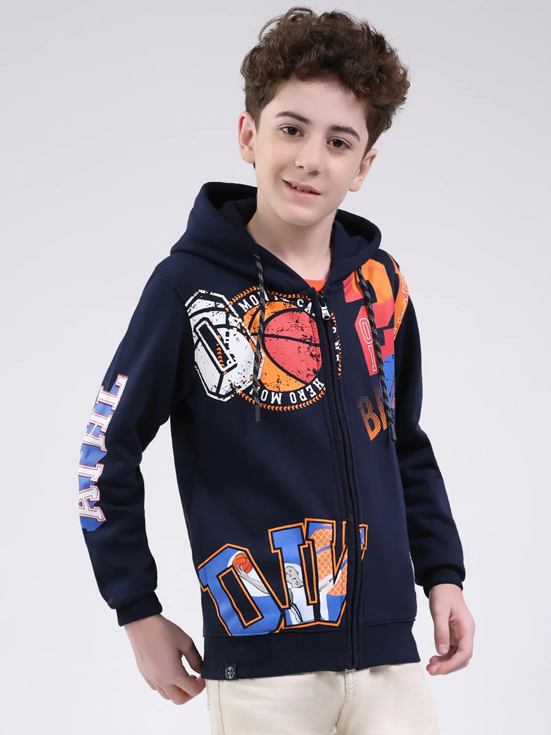 Boys Navy Blue Printed Hooded Full Sleeve Sweatshirt - Image 4