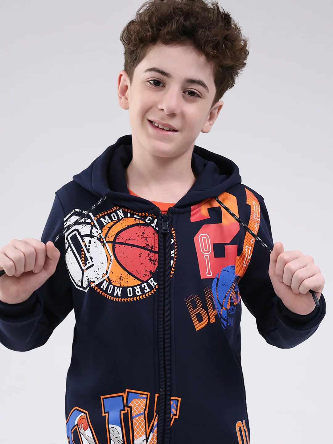 Boys Navy Blue Printed Hooded Full Sleeve Sweatshirt - Image 6