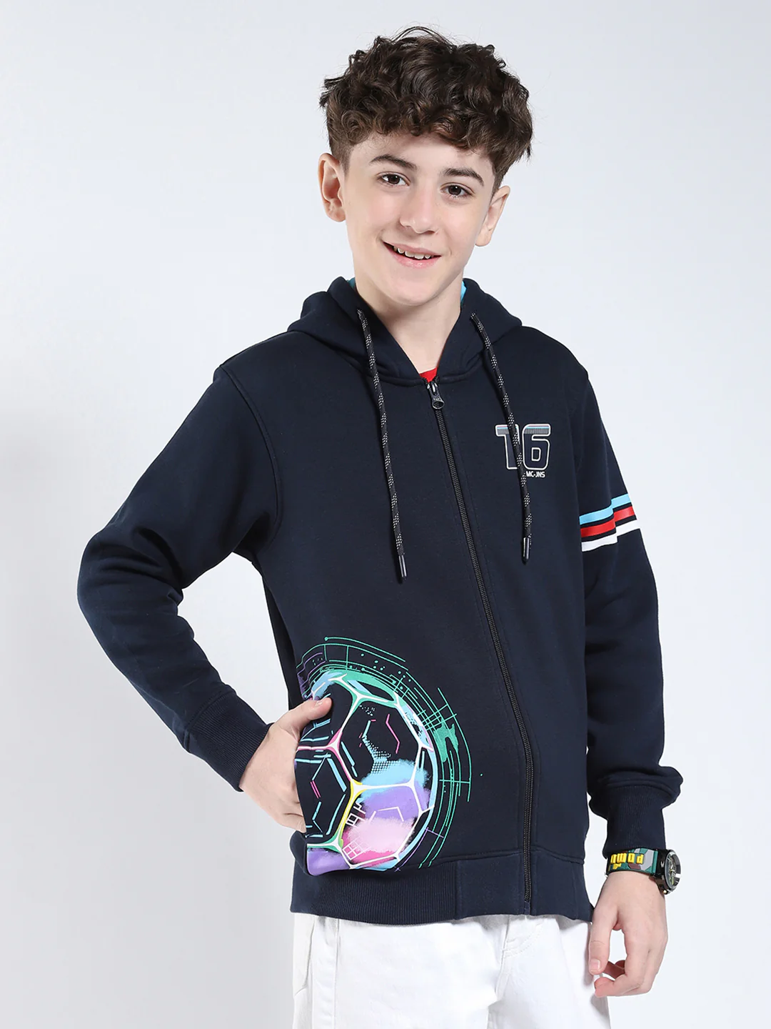 Boys Navy Blue Printed Hooded Full Sleeve Sweatshirt - Image 4