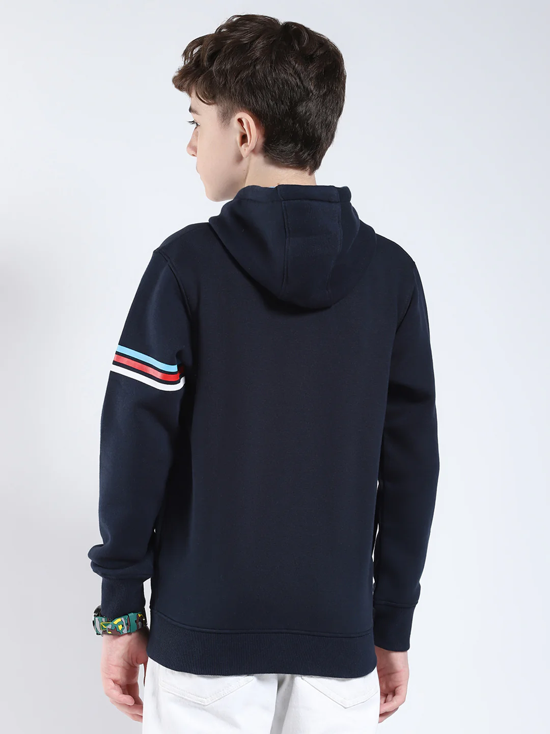 Boys Navy Blue Printed Hooded Full Sleeve Sweatshirt - Image 5