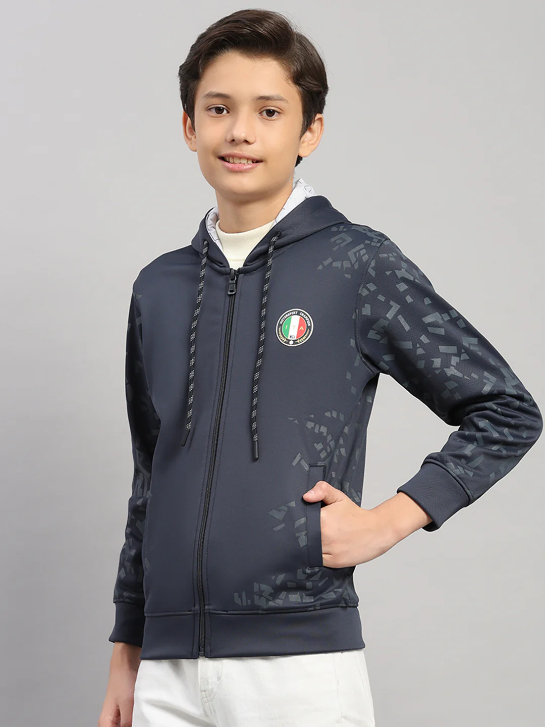 Boys Navy Blue Printed Hooded Full Sleeve Sweatshirt - Image 3