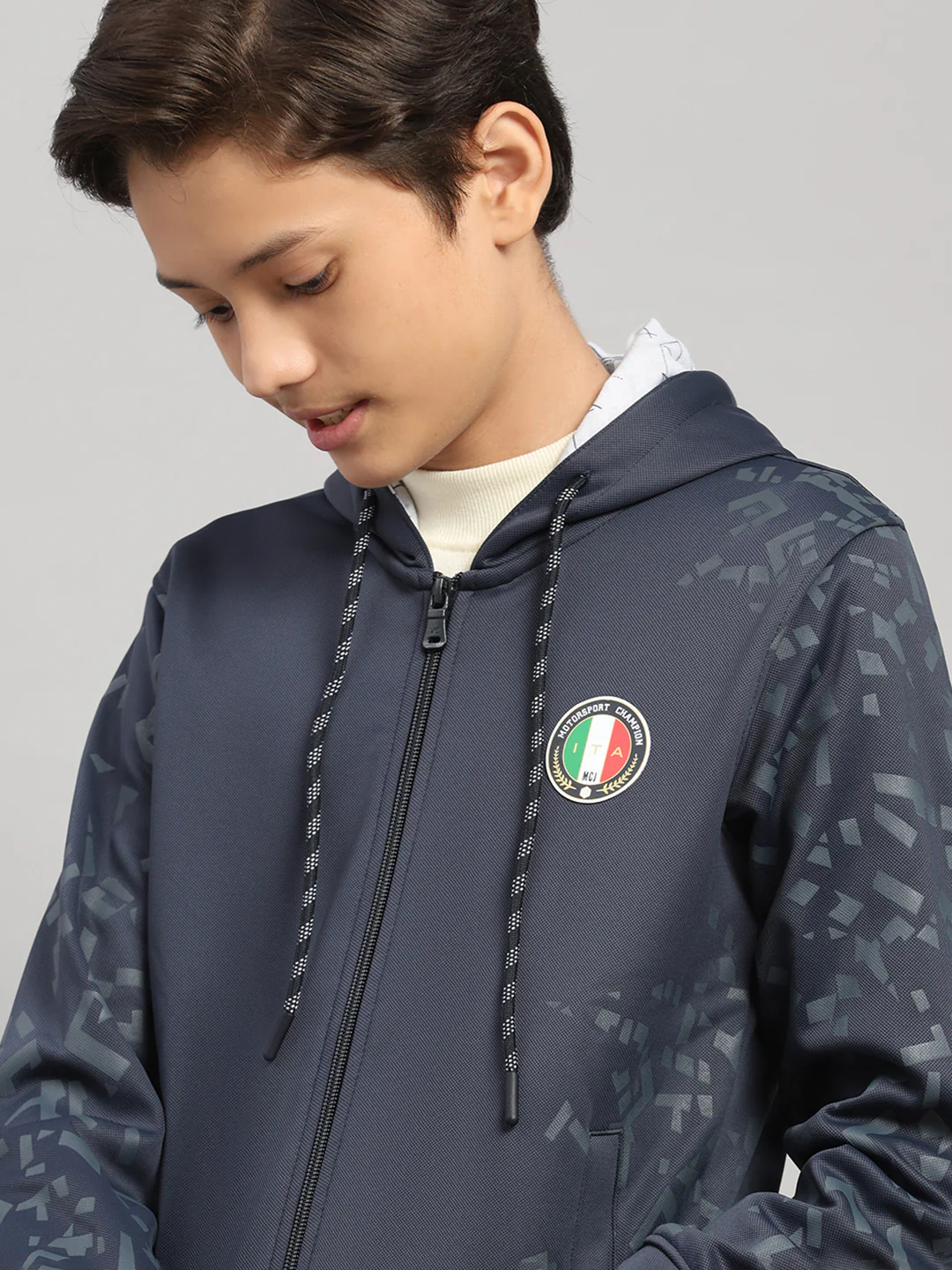 Boys Navy Blue Printed Hooded Full Sleeve Sweatshirt - Image 7