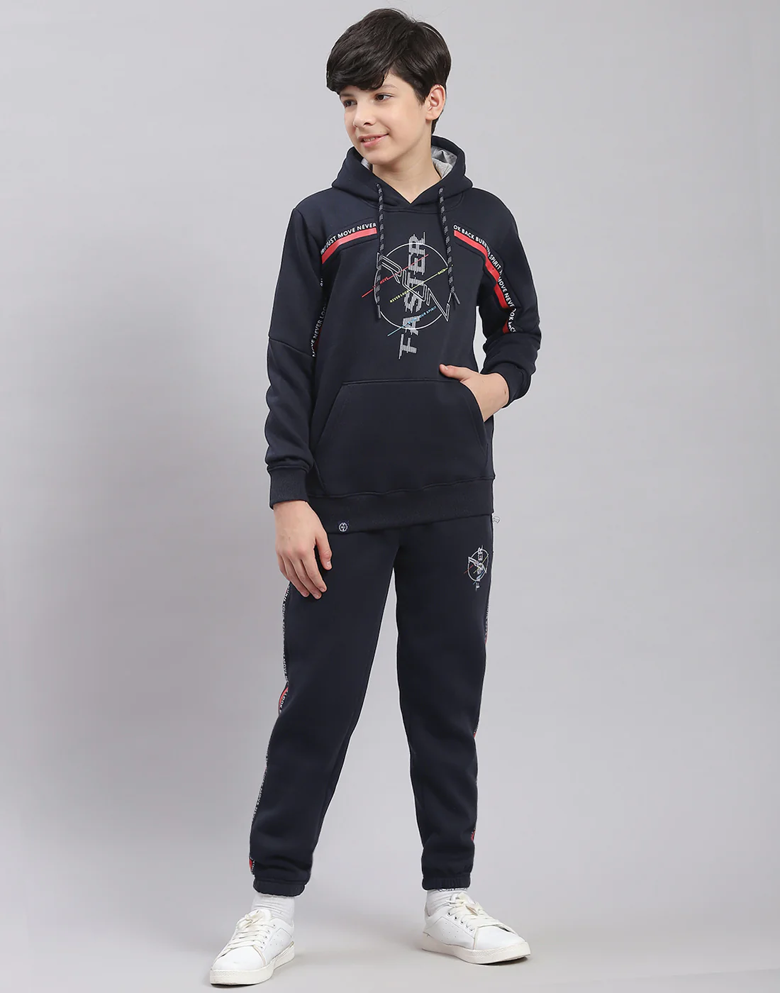 Boys Navy Blue Printed Hooded Full Sleeve Tracksuit - Image 2