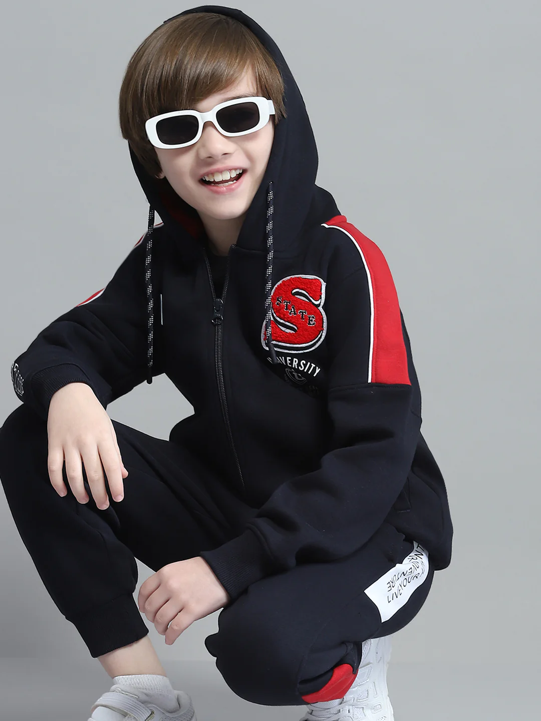 Boys Navy Blue Printed Hooded Full Sleeve Tracksuit - Image 6