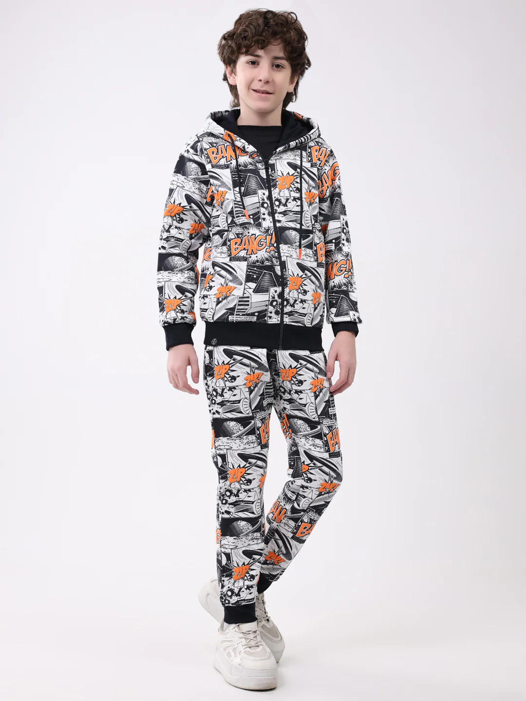 Boys Navy Blue Printed Hooded Full Sleeve Winter Tracksuit - Image 4