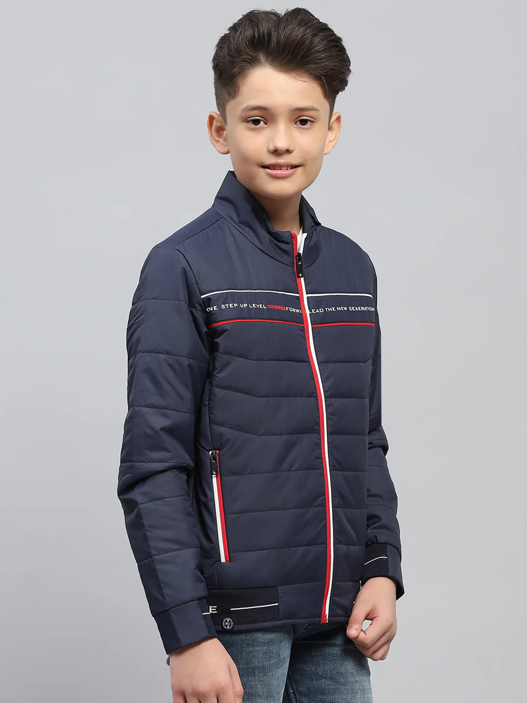 Boys Navy Blue Printed Mock Neck Full Sleeve Jacket - Image 4