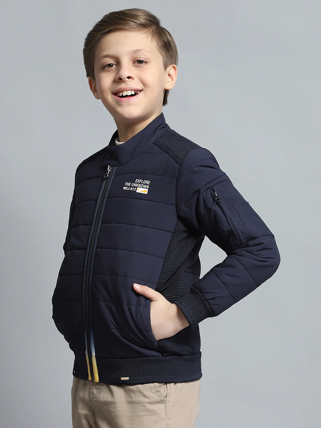 Boys Navy Blue Printed Mock Neck Full Sleeve Jacket - Image 3