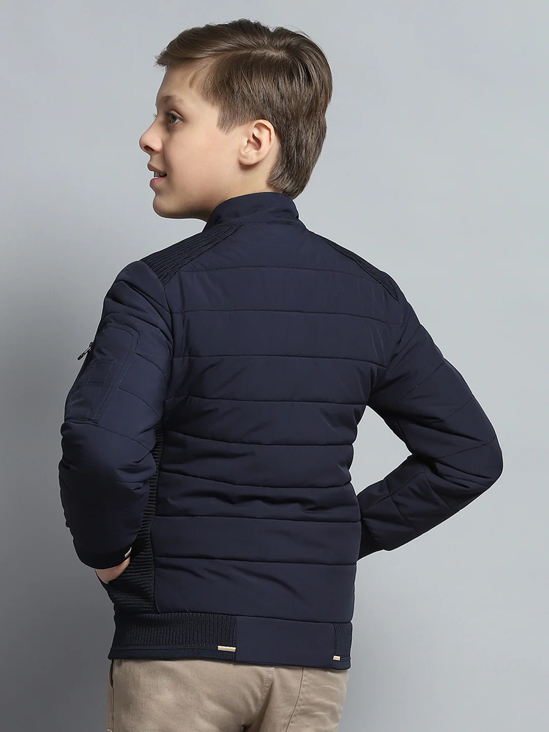 Boys Navy Blue Printed Mock Neck Full Sleeve Jacket - Image 5